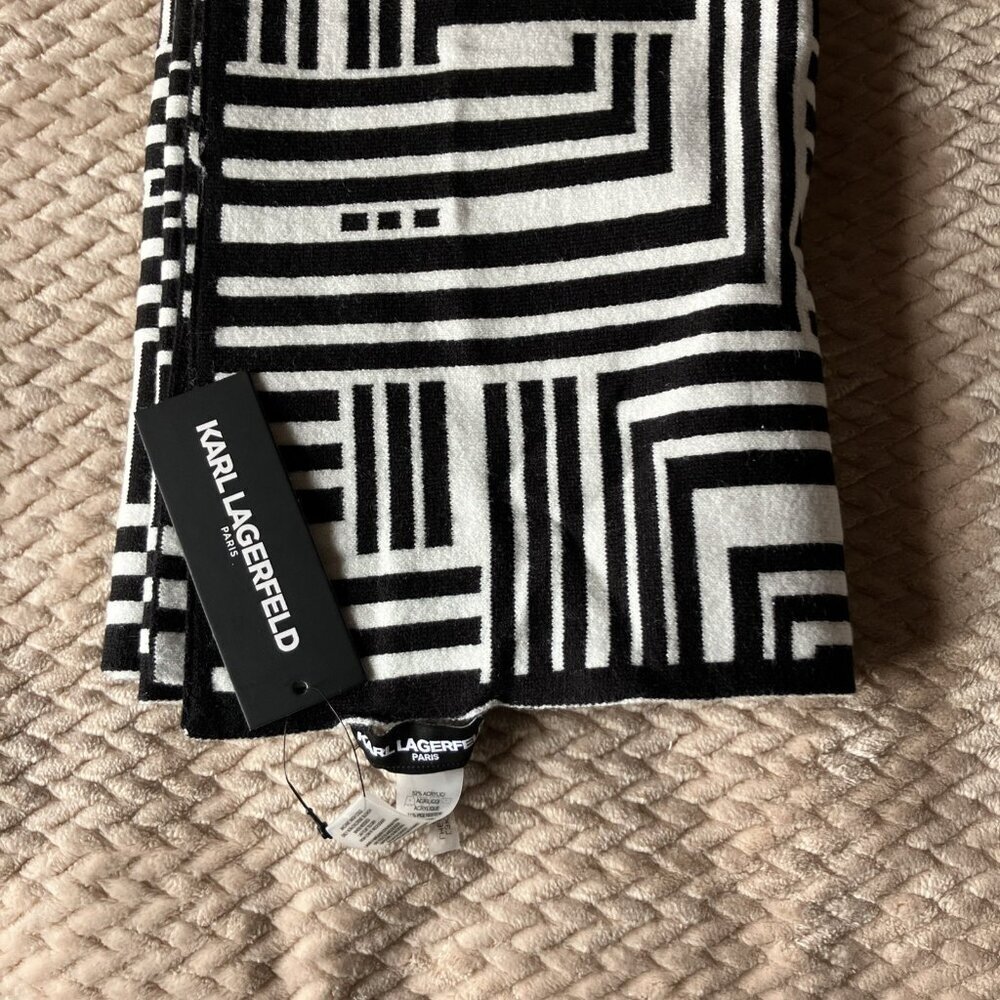 NWT Karl Lagerfeld Art Deco Scarf, Size 72" x 14" - Black/White, Tags $68. - Picture 3 of 5